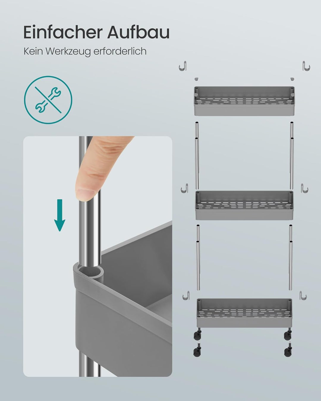 SONGMICS Rollwagen, Küchenwagen, Küchenregal, Nischenregal, mit 6 Haken, 360° drehbare Räder, Stahlg