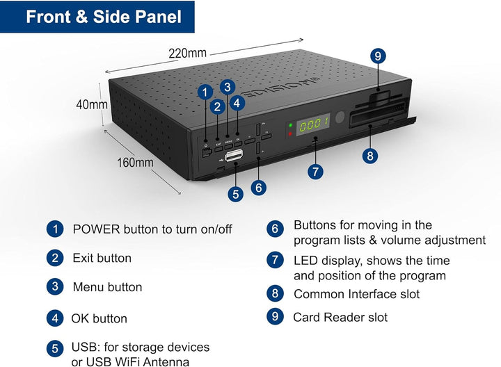 Edision PICCOLLO S2+T2/C Combo Receiver H.265/HEVC (DVB-S2, DVB-T2, DVB-C,) CI Full HD USB schwarz