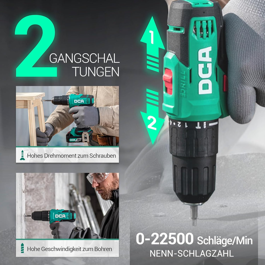 DCA 20V Akku-Schlagbohrmaschine Set, 40 Nm, 13 mm Schnellspannbohrfutter, 22500 Schläge/Min, 2 Gesch