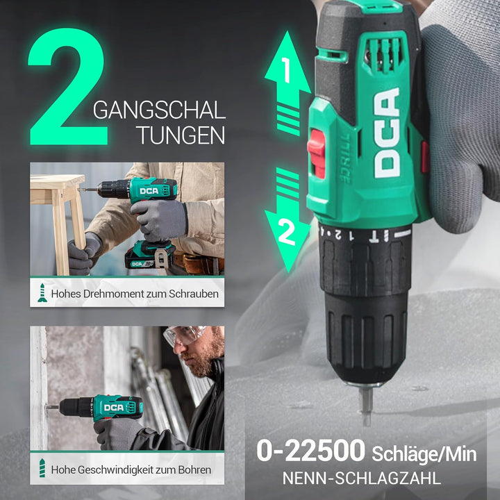 DCA 20V Akku-Schlagbohrmaschine Set, 40 Nm, 13 mm Schnellspannbohrfutter, 22500 Schläge/Min, 2 Gesch