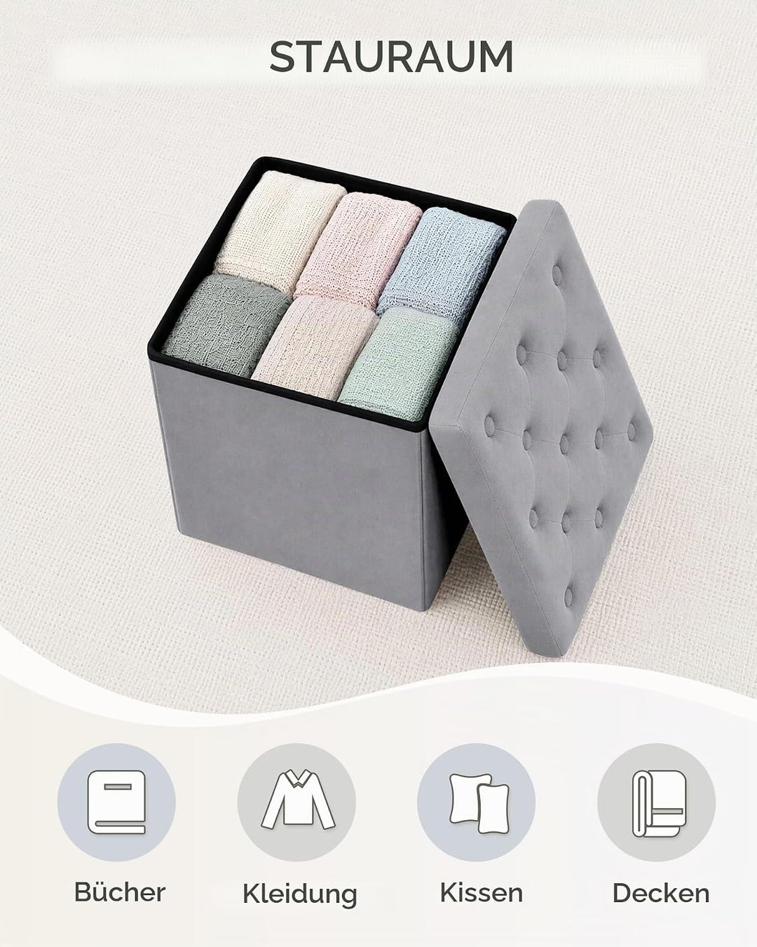 Bonlife Faltbarer Sitztruhe mit Stauraum,Samt Sitzwürfel Couch Hocker,Aufbewahrungsbox mit Deckel,Fu