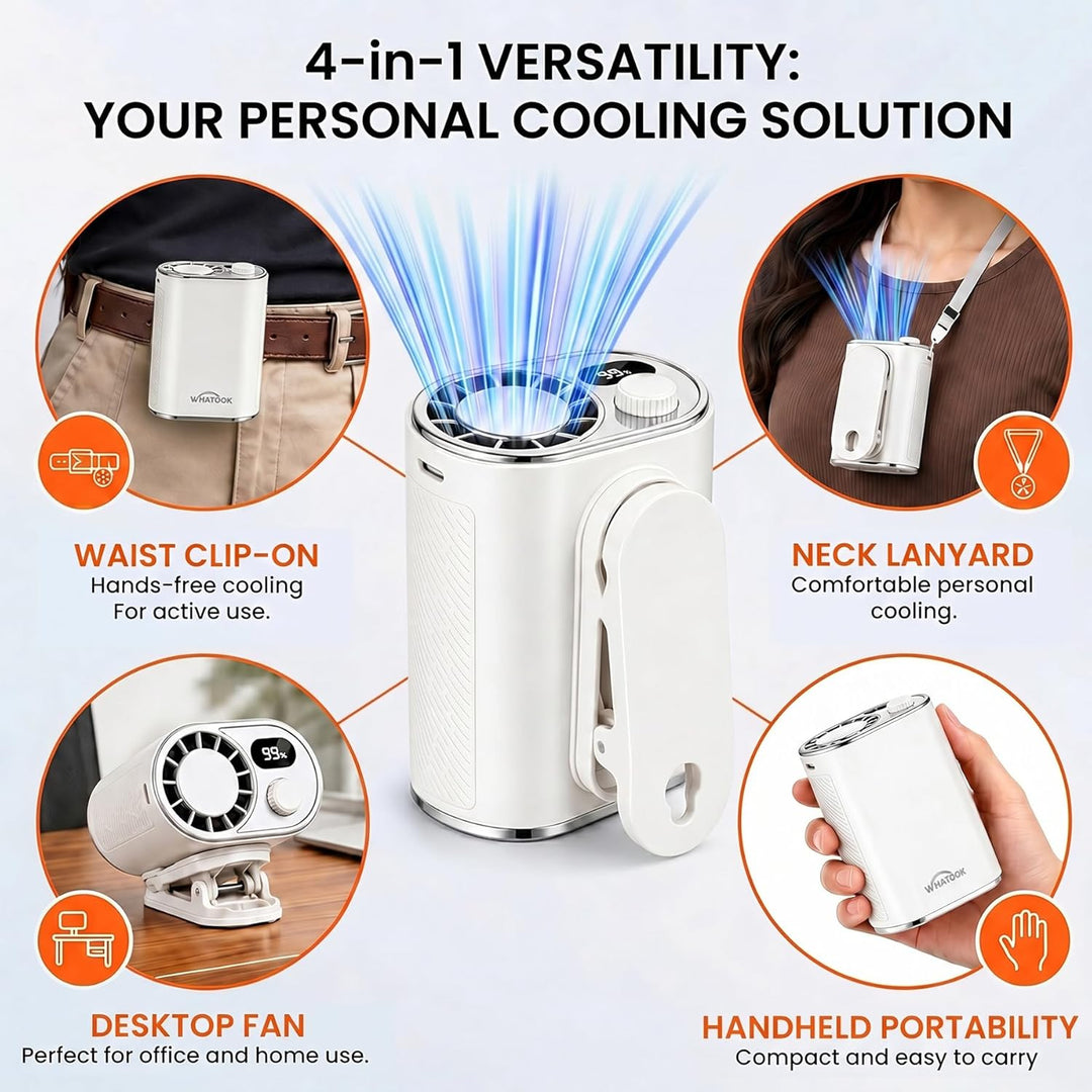WHATOOK Akku Gürtelventilator, 100 Stufen 4-in-1 Tragbarer Clip Ventilator | 360° Drehung,Starker Lu