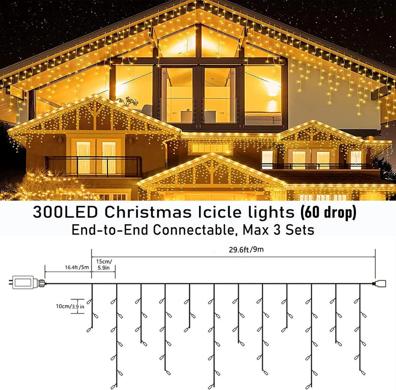 Joomer Eisregen Lichterkette Aussen Warmweiss, 9M 300LED Eiszapfen Weihnachten Lichterkette Strom mi