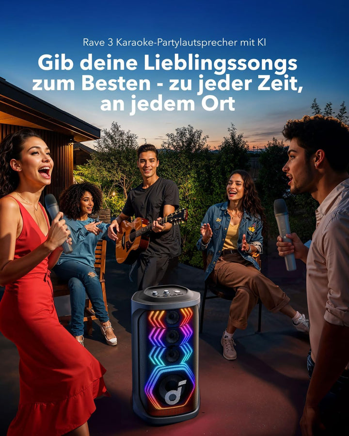 soundcore Rave 3 KI Karaoke-Lautsprecher mit 2 kabellosen Mikrofonen,160W Sound,KI-Stimmentfernung,S