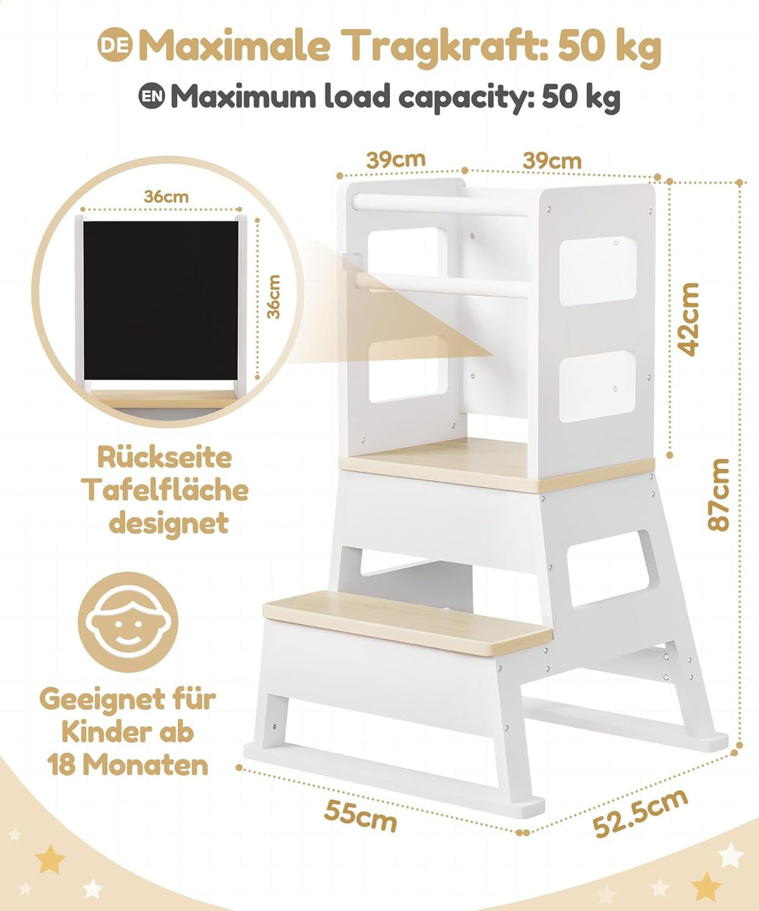 Yorbay Kinder Lernturm ab 1 Jahr: Stylisch Learning Tower mit Tafel - Massiv Montessori Lernturm Kin