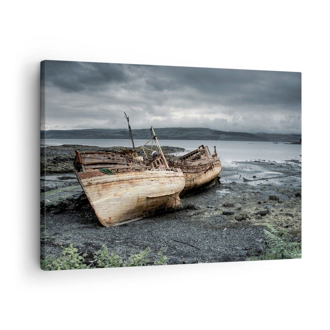 Bilder auf Leinwand Boot Wrack Ufer Leinwandbild mit Rahmen 70x50cm Wandbilder Dekoration Wohnzimmer