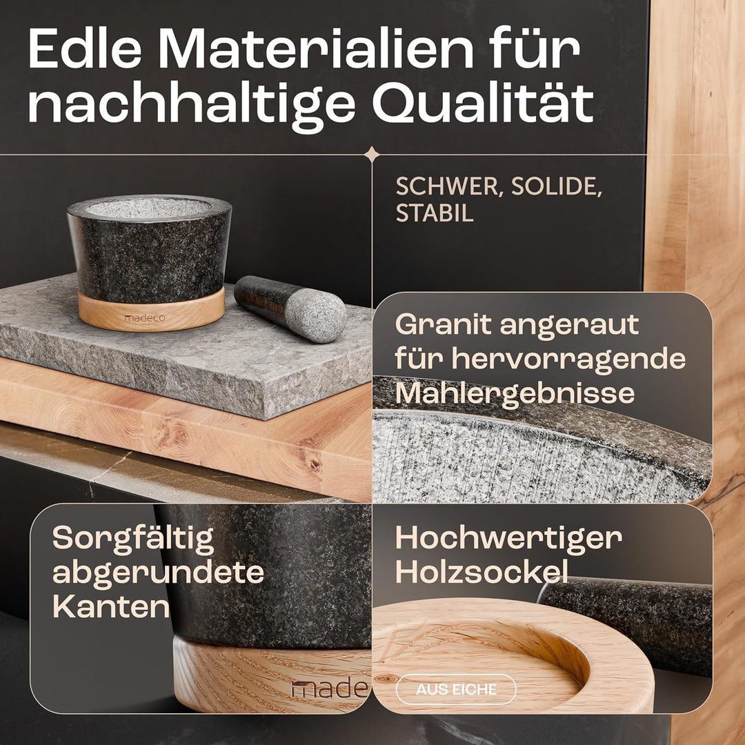 madeco Mörser mit Stössel Granit auf Holzsockel Eiche Ø 14,5 cm - Perfekt geeignet für Gewürze, Kräu