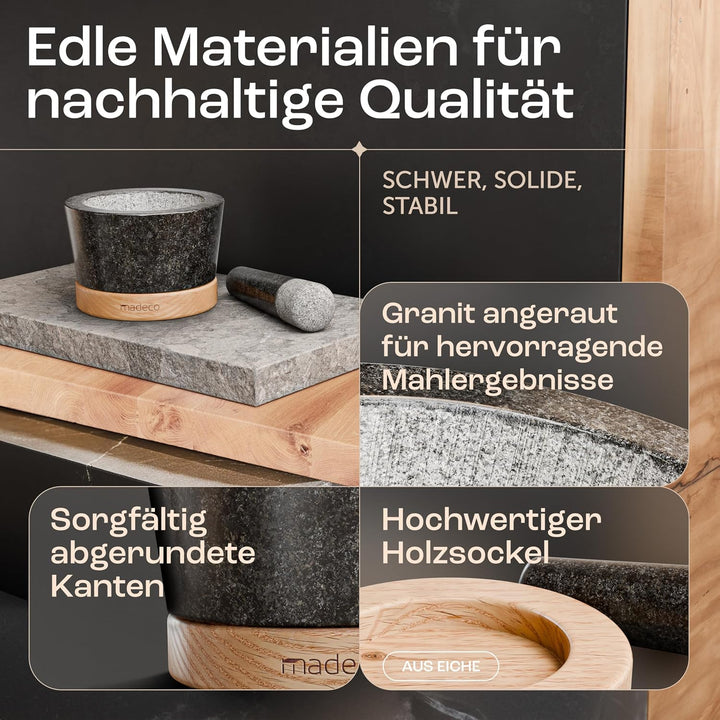 madeco Mörser mit Stössel Granit auf Holzsockel Eiche Ø 14,5 cm - Perfekt geeignet für Gewürze, Kräu