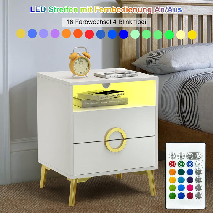 Lvhecforhm 2er Set Nachttisch Weiss, Nachttische Hochglanz Front, Nachttisch mit 2 Schubladen, Nacht