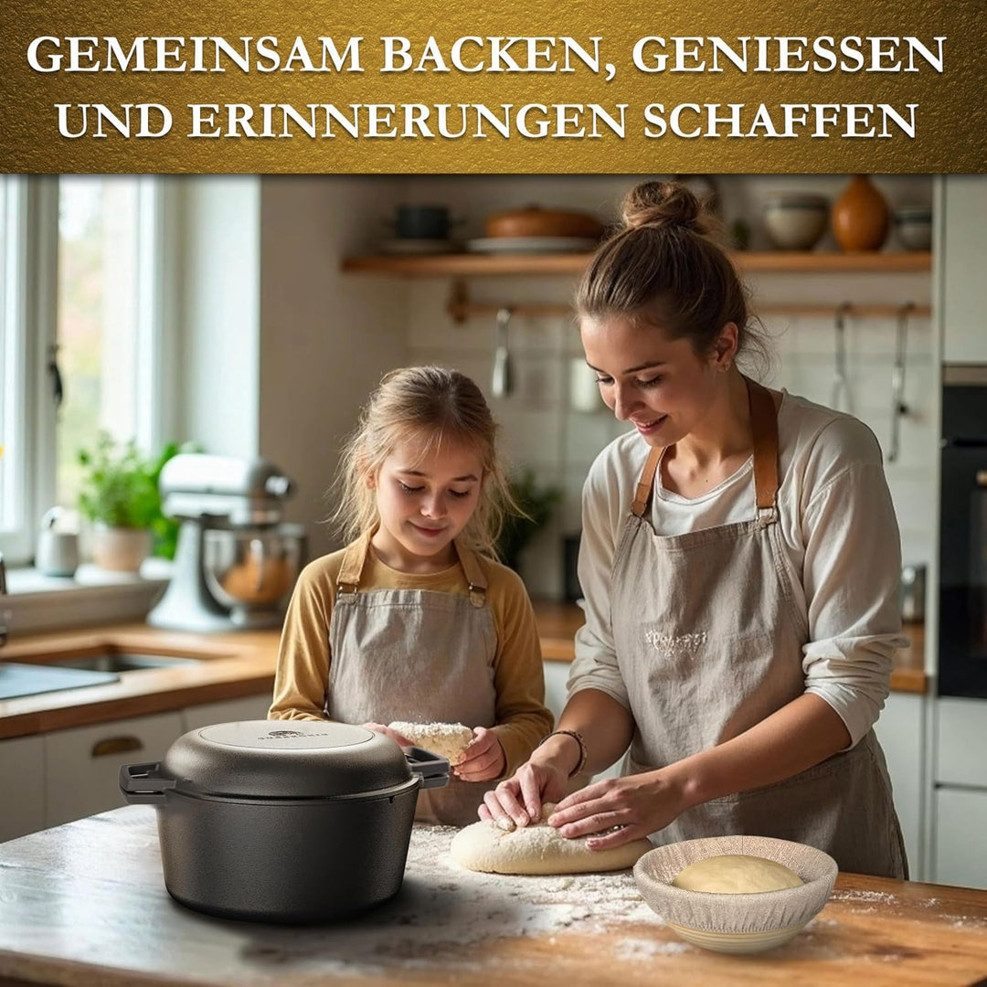 2-in-1 Gusseisen Brotbackform mit Gärkörbchen – eingebrannter Gusseisentopf zum Brotbacken 4,8 L & G