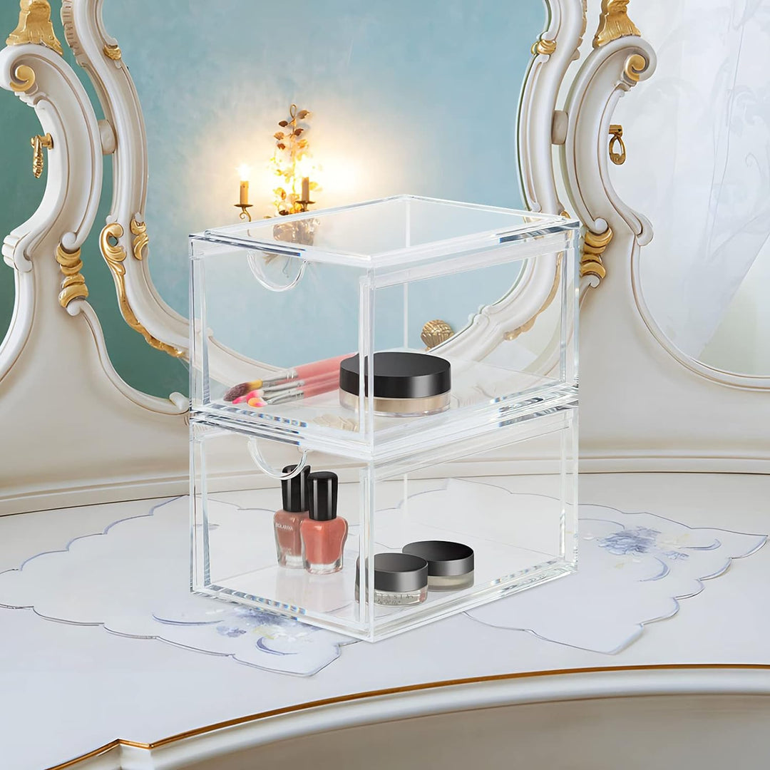 ECOSEAO Stapelbare Kosmetik-Organizer, Schubladen, transparente Acryl-Aufbewahrungsbehälter, 2 Stück
