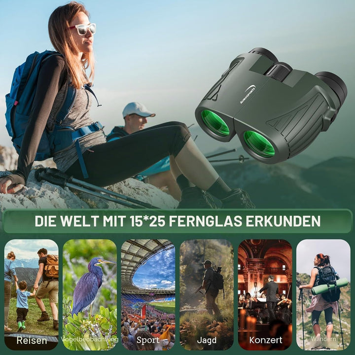 Aurosports 15X25 Kompaktes Fernglas für Erwachsene und Kinder - Fernglas Erwachsene High Definition,