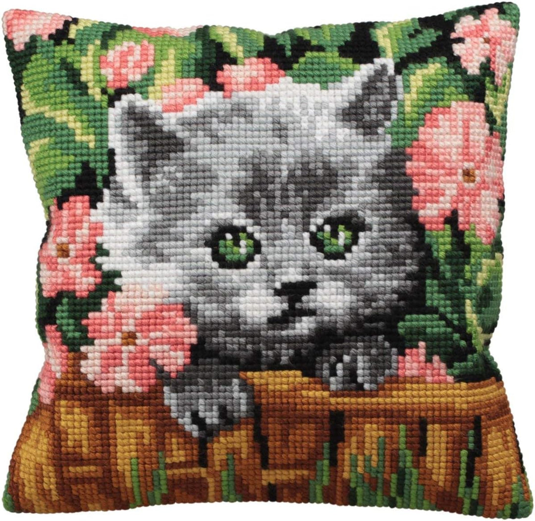 Collection d'Art Minou - Cat Kreuzstichkissen, Baumwolle, Mehrfarbig, 40x40cm, Minou