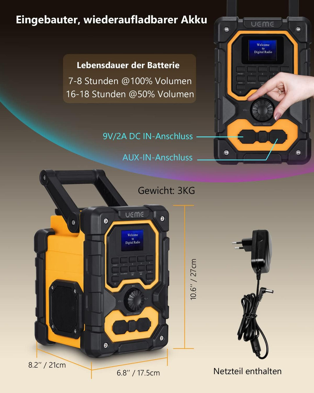 Baustellenradio Robustes DAB+ FM Radio mit Bluetooth, Ladestation, Aux Anschluss, Wiederaufladbarer