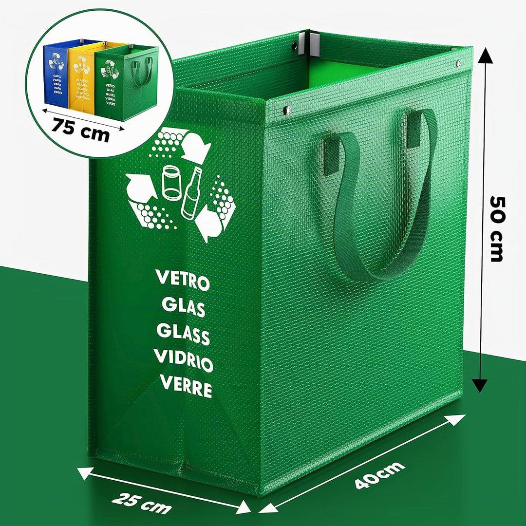 PTMS® Mülltrennsystem Taschen für Papier, Glas und Plastik - Umweltfreundliche Mülleimer 3 Fächer -