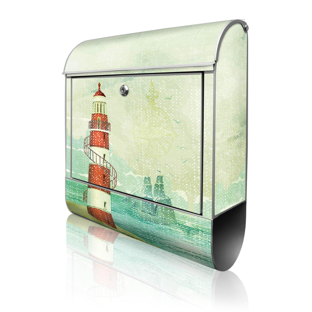 banjado® Design Briefkasten mit Motiv Alter Leuchtturm 39x47x14cm &amp; 2 Schlüssel - Briefkasten Stahl