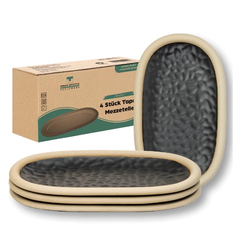 Urban Lifestyle Ovale Dessertteller Set 4er Schwarz 19,5 x 11,5 cm, Rustikale Keramik Tapasteller au