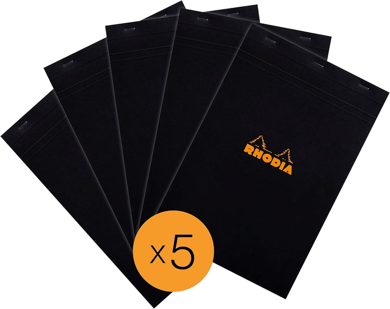 Rhodia 192009C - Packung mit 5 Notizblöcken geheftet No.19 A4+ 80 Blätter kariert 80g, Schwarz, 1 Pa