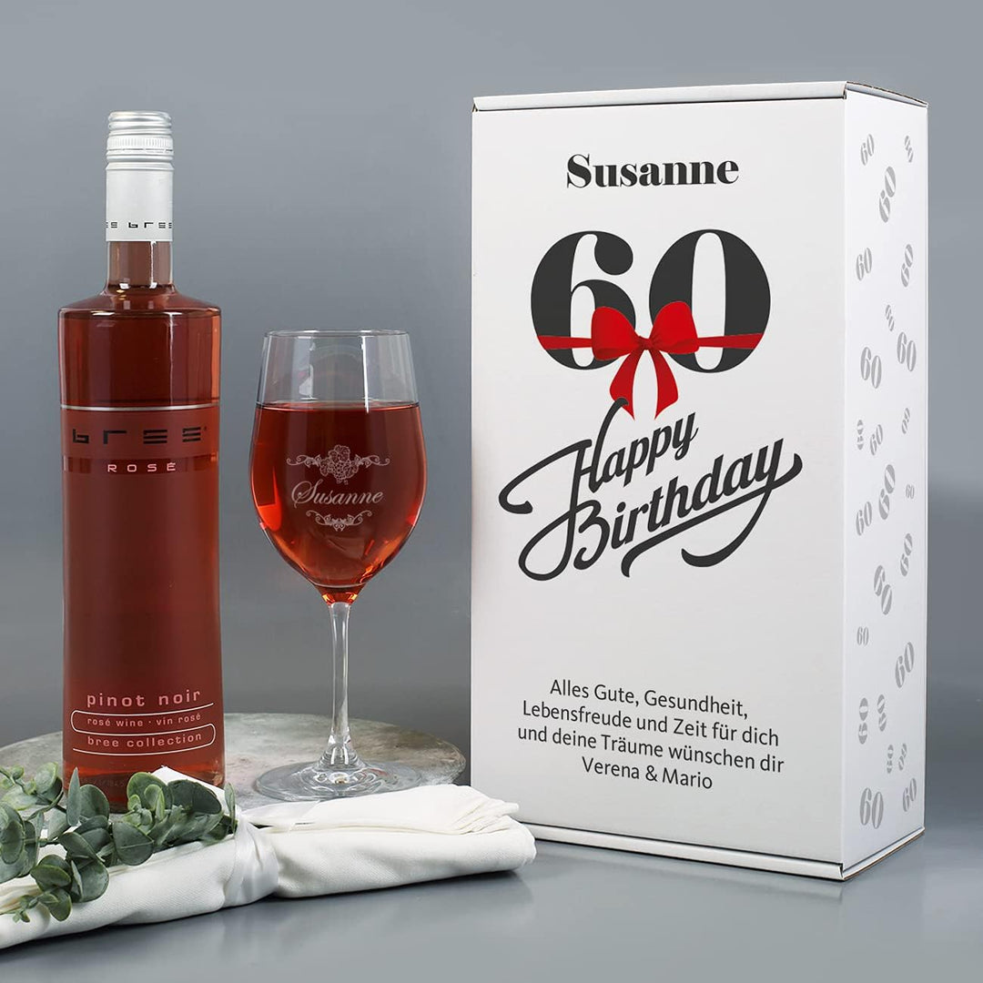 Herz &amp; Heim® Geburtstagsgeschenk zum 60. Geburtstag - Bree Wein-Präsent mit graviertem Weinglas in G