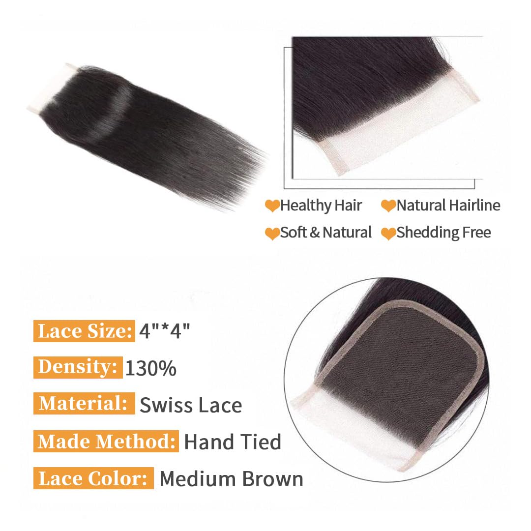 4 x 4 Lace-Closure, brasilianisches Echthaar, glatt, HD, transparent, Schweiz, 100% unverarbeitet, E