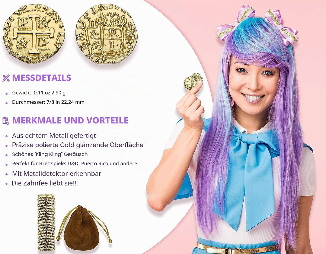 Piraten Münzen Zubehör, 100 Goldmünzen-Set, Metall Goldtaler Deko Dublonen für DND Brettspiele, Cosp