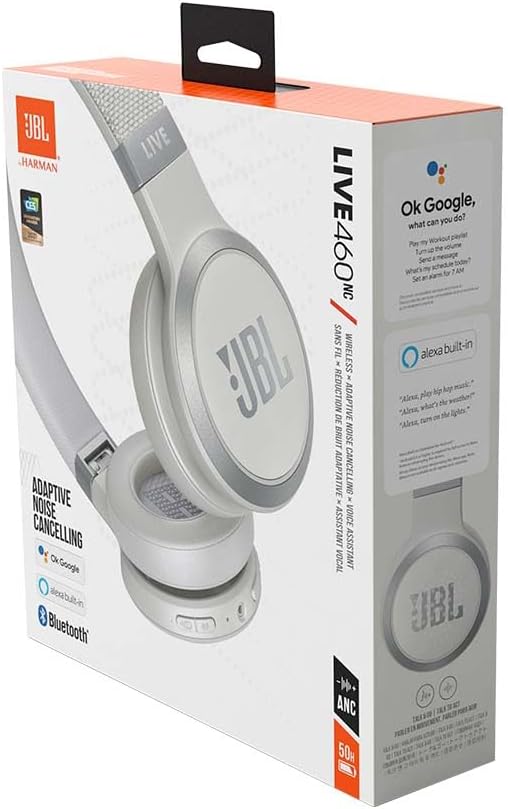 JBL Live 460NC kabelloser On-Ear Bluetooth-Kopfhörer in Weiss – Mit Noise-Cancelling und Sprachassis