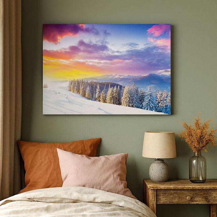 Bilder auf Leinwand 100x70cm Leinwandbild mit Rahmen Berge Schnee Winter Gross Wanddeko Bild Schlafz