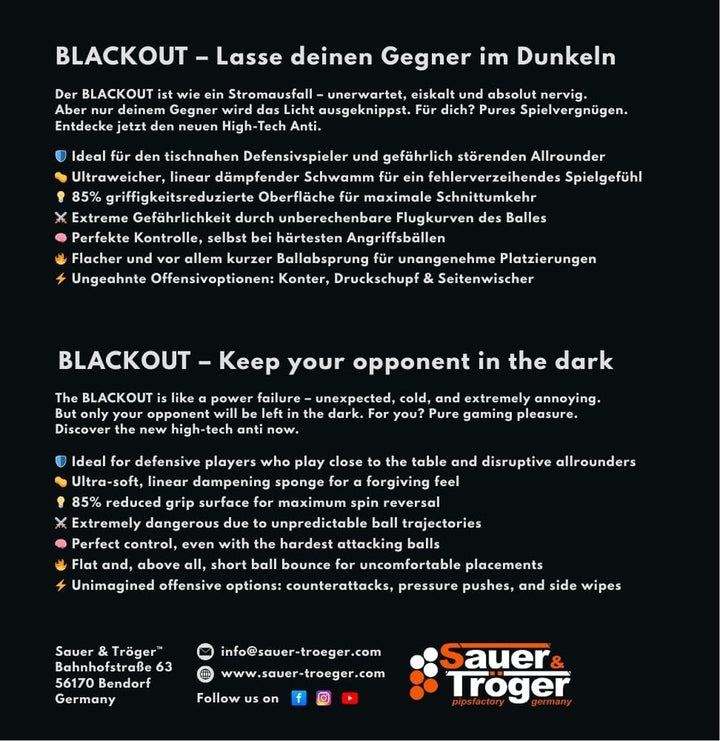 Sauer & Tröger Tischtennis Belag Anti Top | Blackout | Rot, Schwarz, Blau | 1,5 mm 2,0 mm Schwarz 2,