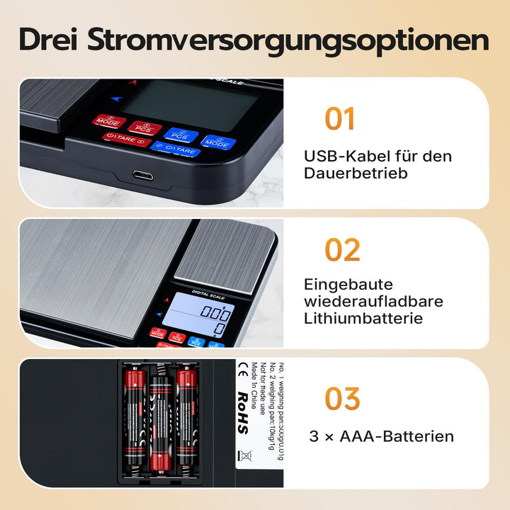 Digitale Küchenwaage mit 2 Plattformen,USB Wiederaufladbar – 10kg/1g & 500g/0,01g Dual Plattform Prä
