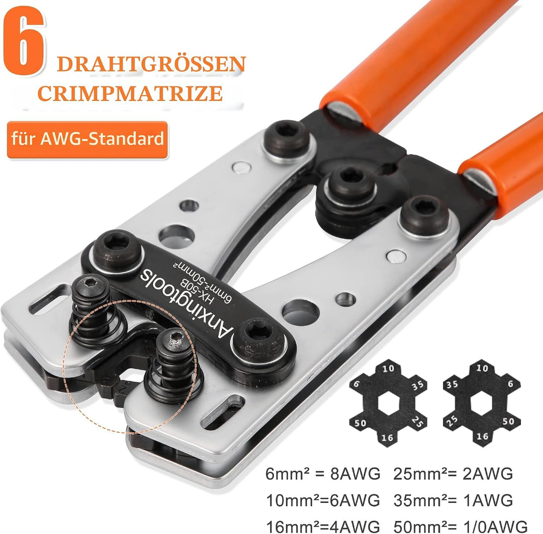 Batteriekabel-Crimpzange für 6/10/16/25/35/50 mm² Batterie-Kupfer-Ringkabelschuhe, Kupferkabelschuhe