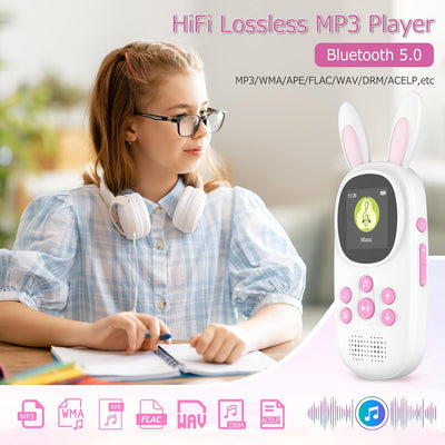 16GB Bluetooth MP3 Player , Niedlicher Hase Kinder Musik Player mit Kopfhörer & Lautsprecher, mit FM