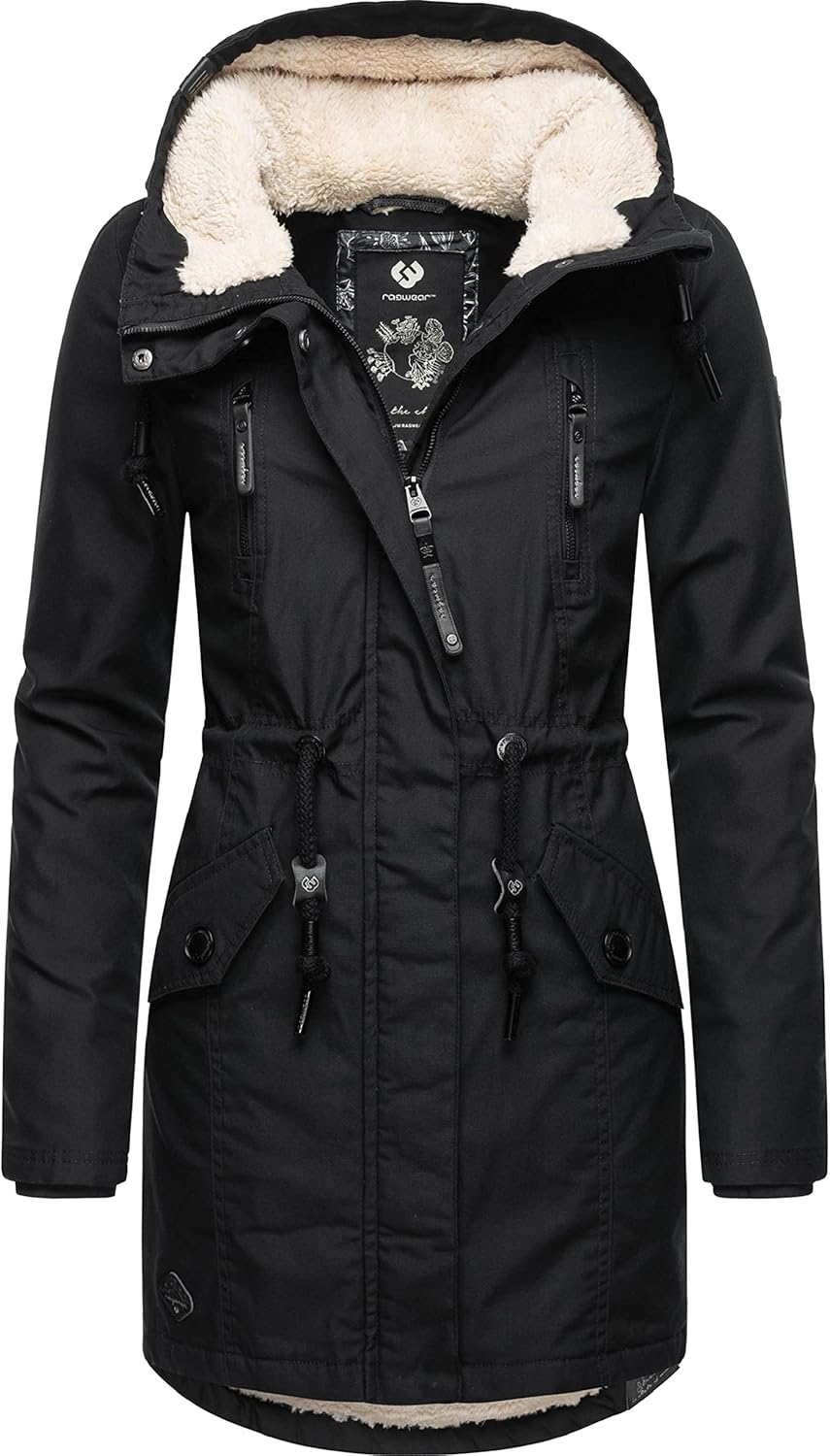 Ragwear Damen Mantel Lange warme Winterjacke mit Teddyfell-Kapuze Elsie Intl XS-5XL S Black22, S Bla