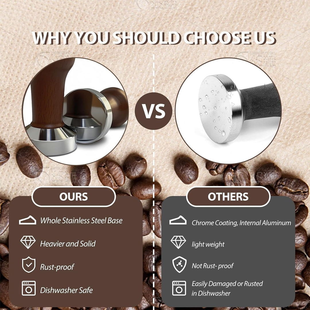 Kaffeetamper 51mm mit Echtholzgriff & Silikonmatte – Massiver Espressostempel für präzises Tamping –