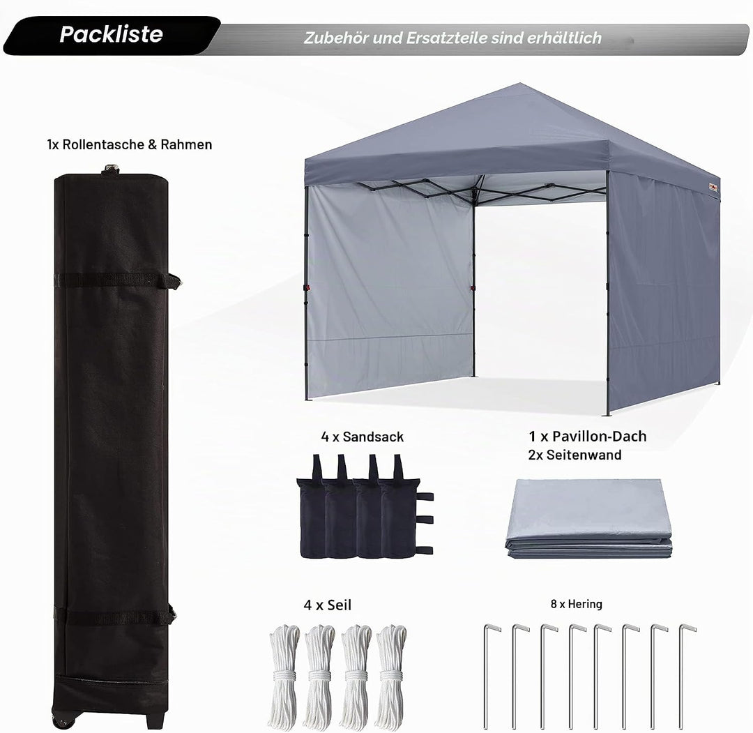 ABCCANOPY Faltpavillon UV50+ mit 2 Seitenwänden, Grau 300 cm | 500D Polyester,wasserdicht, 4 Sandsäc