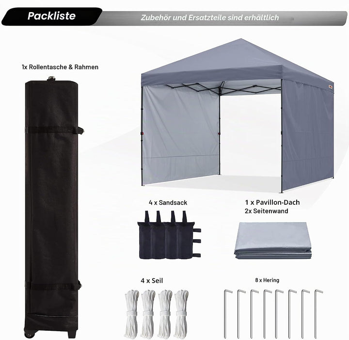 ABCCANOPY Faltpavillon UV50+ mit 2 Seitenwänden, Grau 300 cm | 500D Polyester,wasserdicht, 4 Sandsäc