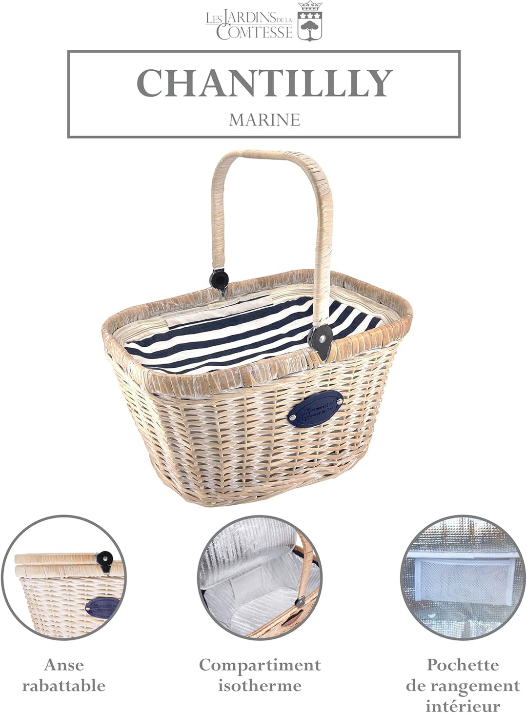 Les Jardins de la Comtesse - Korb Chantilly Marine - gebleichter Weide/Blauer Stoff/weissen Streifen