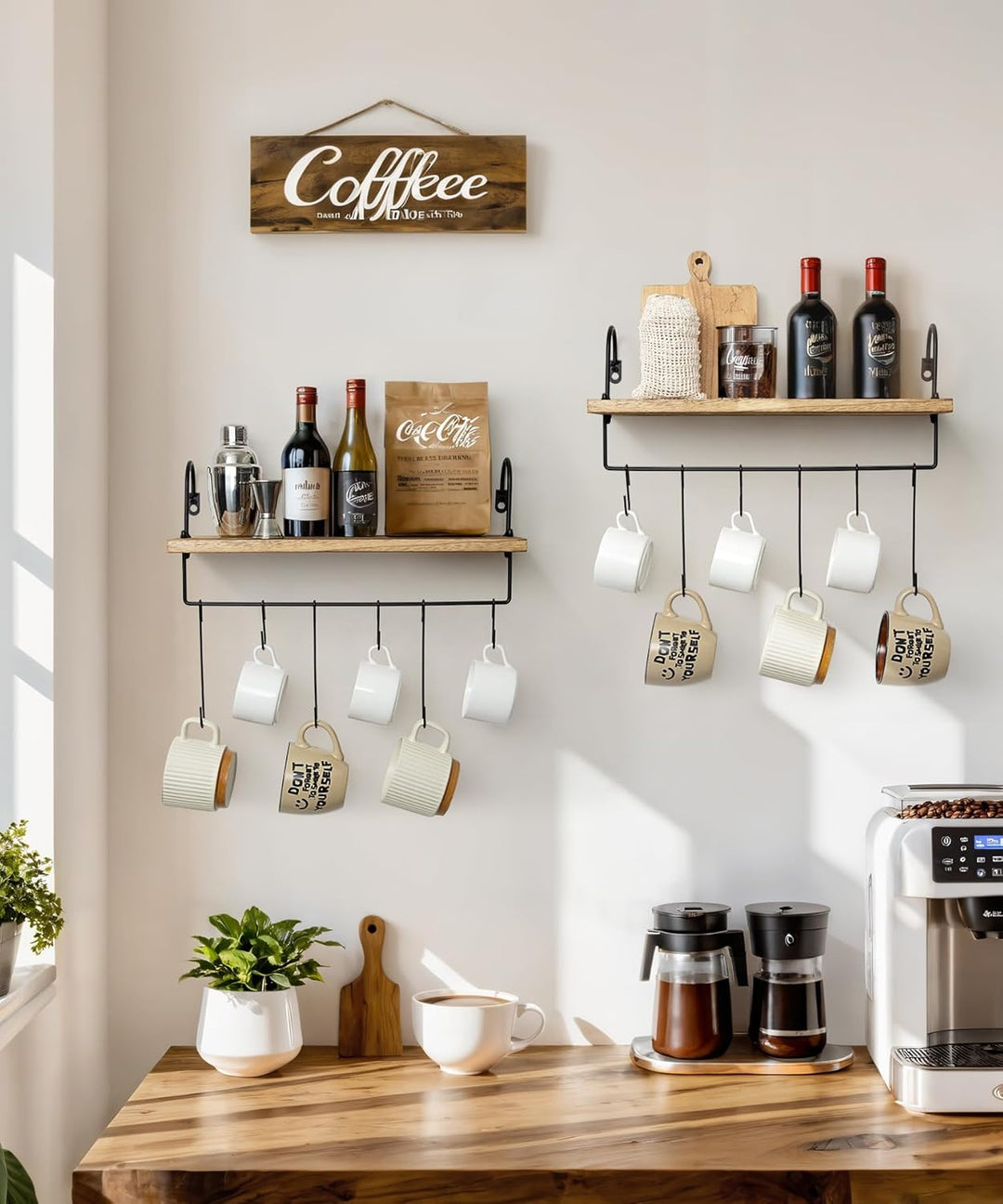 Petrala Holz Wandregal Kaffeebar Küchenregal Schweberegale 2er Set, Wandboard mit Handtuchhalter Hak