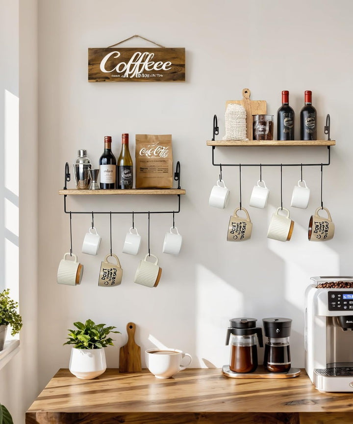 Petrala Holz Wandregal Kaffeebar Küchenregal Schweberegale 2er Set, Wandboard mit Handtuchhalter Hak