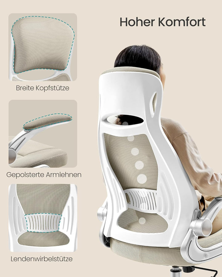 SONGMICS Bürostuhl, Drehstuhl, Chefsessel mit klappbaren Armlehnen, Kopf- und Lendenstütze, neigbar,