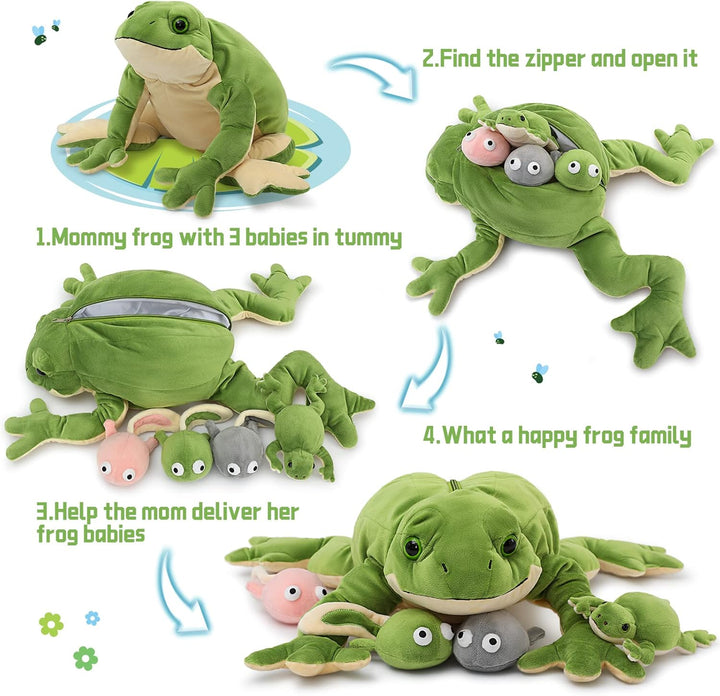 MorisMos 52cm lang Frosch Kuscheltier XXL,Plüschfrosch mit 4 Babys (3 Kaulquappen und 1 klein Frosch