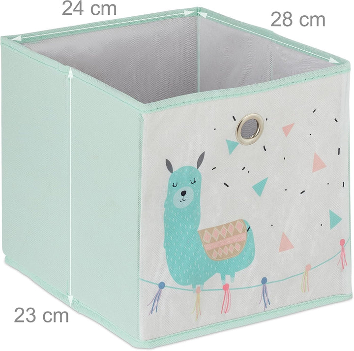 Relaxdays Kinderregal mit 4 Boxen, Jungen & Mädchen, Lama-Design, Regal Kinderzimmer, Spielzeug, HBT