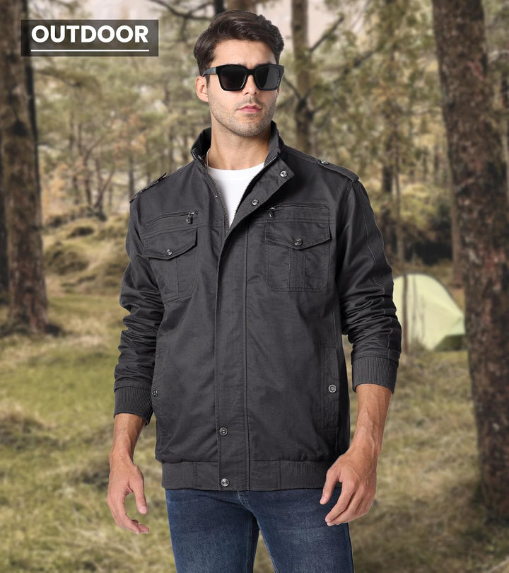 EKLENTSON Herren Übergangsjacke Frühling Cargo Jacke Freizeitjacke mit Vielen Taschen XL Grau, XL Gr