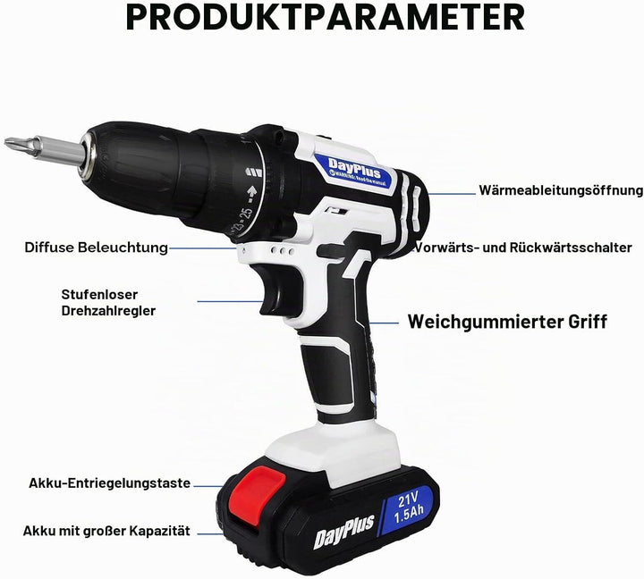 Akku-Bohrschrauber Akkuschrauber Set 21V mit LED Licht (1 Akku, 1.5 Ah, Max. Drehmoment: 45Nm, 25+1