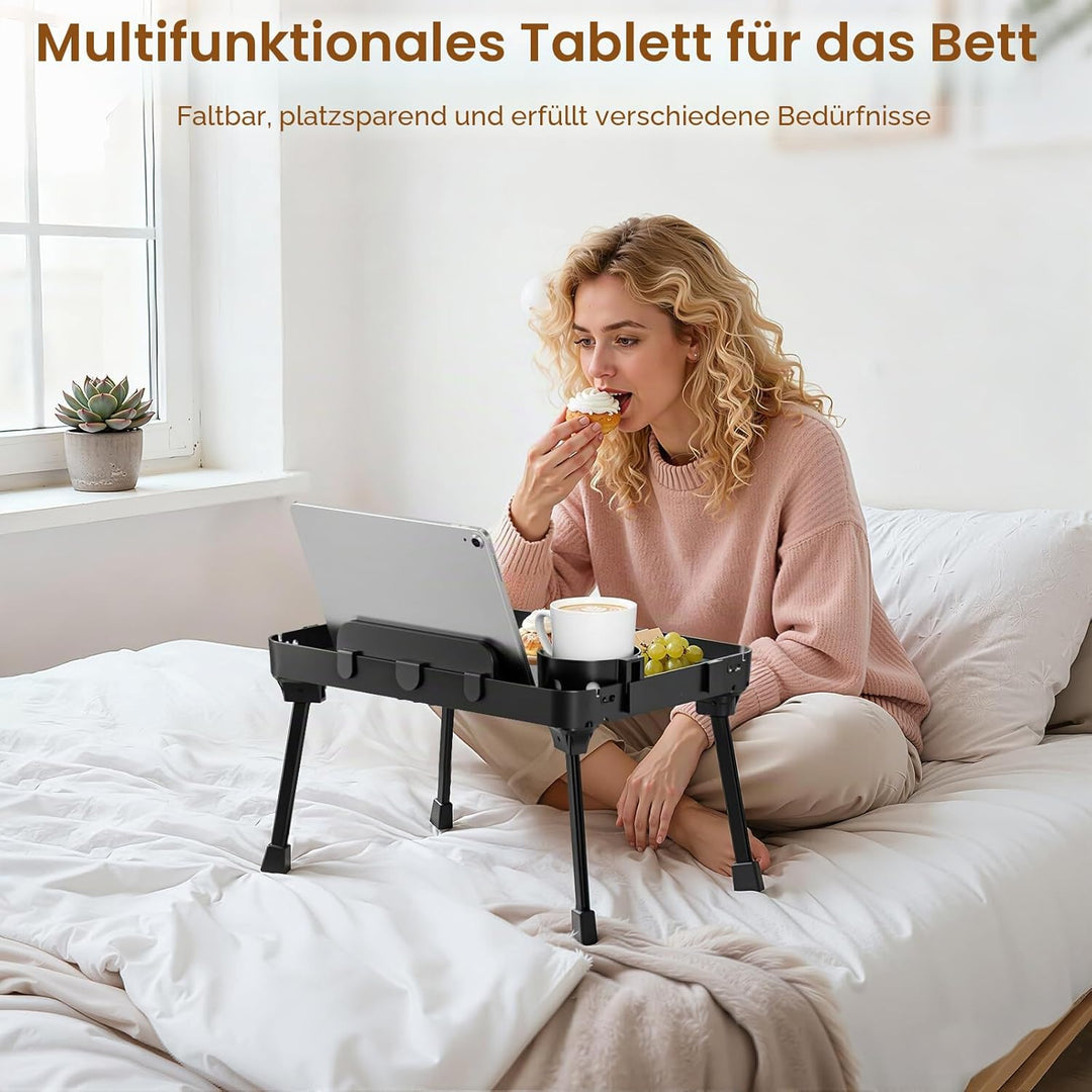 KDD Betttablett Tisch mit Klappbaren Beinen, Frühstückstablett fürs Bett mit Abnehmbarem Getränkehal