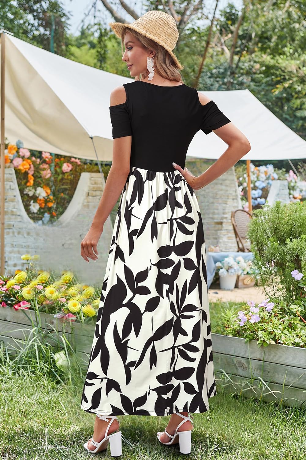STYLEWORD Sommerkleid Damen Lang Kurzarm Maxikleid Blumen Kleider mit Taschen S Aprikose Schwarze Bl