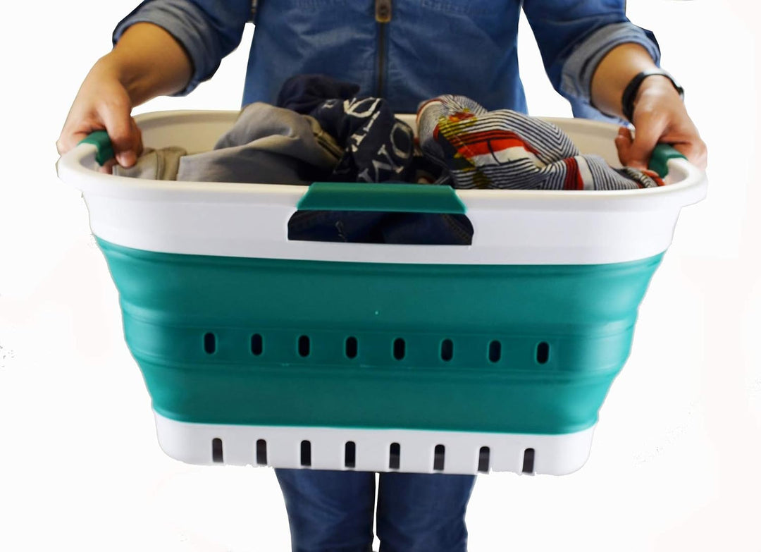SAMMART 30L Collapsible 3 Handled Plastic Wäschekorb - Faltbarer Pop-Up-Vorratsbehälter/Organizer -