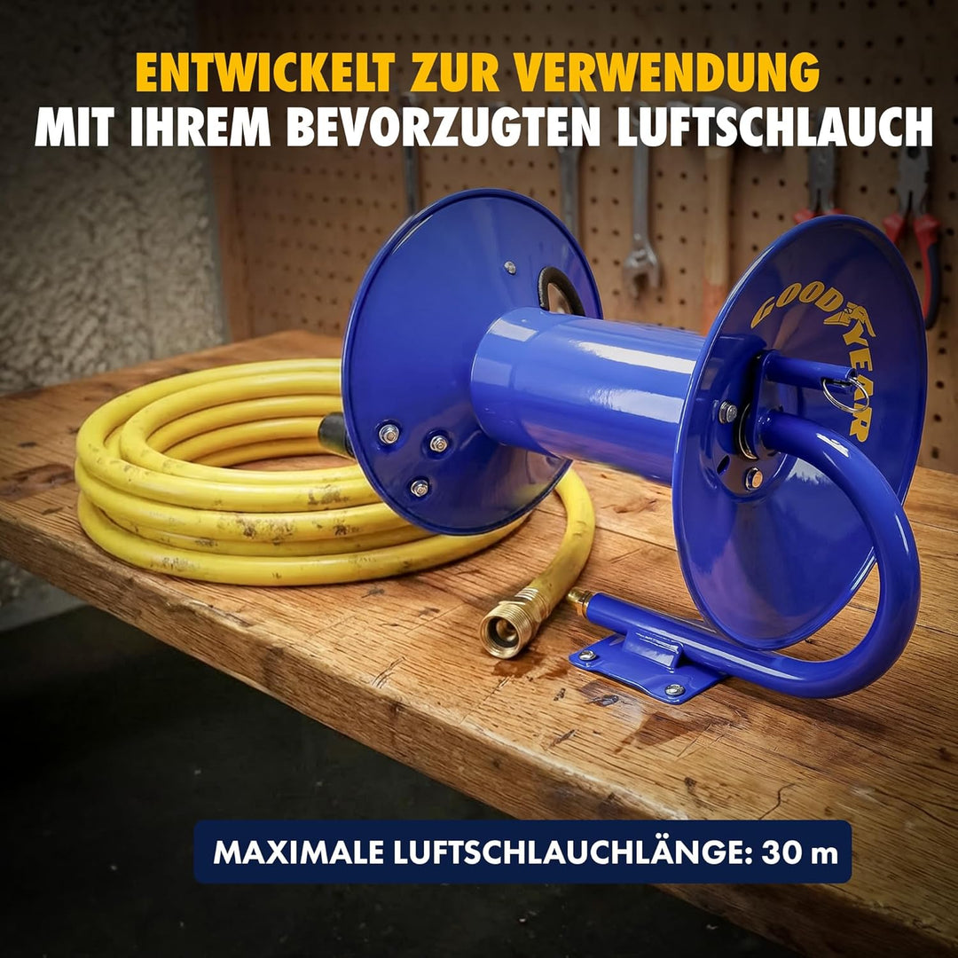 Goodyear Druckluft-Schlauchaufroller mit Handkurbel 30 m x 9,5 mm – Manuelle Schlauchtrommel aus Sta