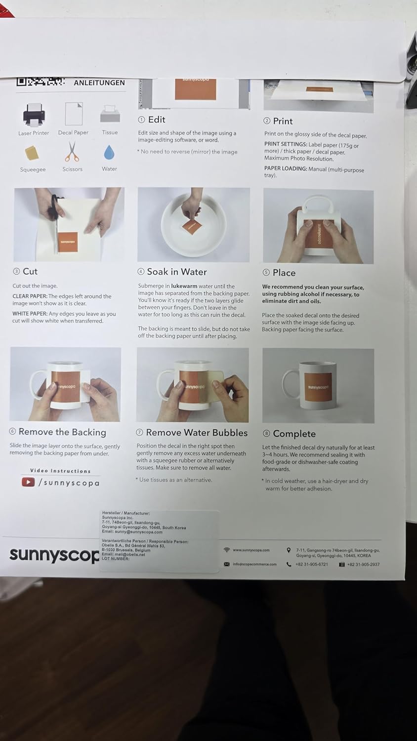 Sunnyscopa Wasserschiebefolie für Laserdrucker - Transparent, A4, 20 Blätter - Personalisierte Trans