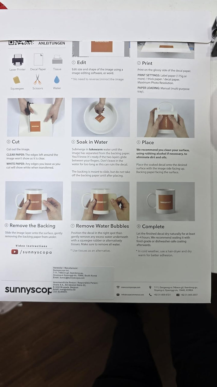 Sunnyscopa Wasserschiebefolie für Laserdrucker - Transparent, A4, 20 Blätter - Personalisierte Trans