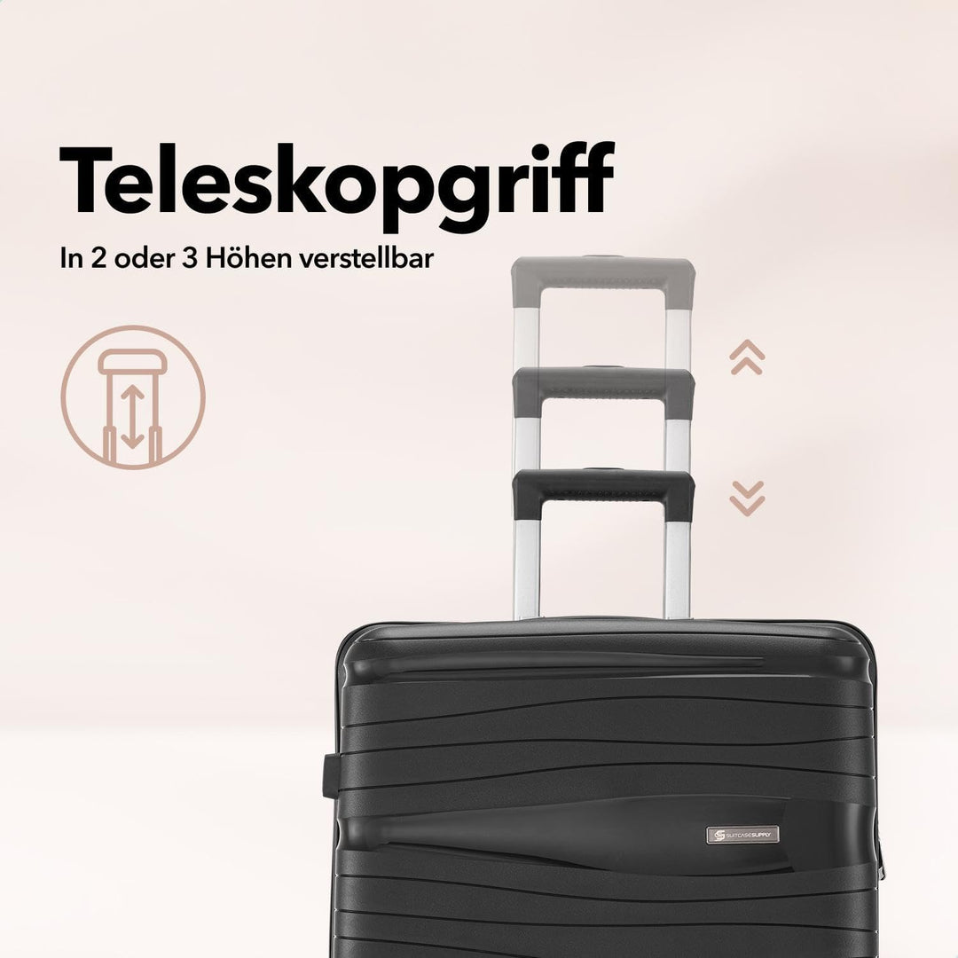 Travel One Kofferset 4-teilig – Schwarz – Hartschalen Trolley-Set 32/60/98L, Zahlenschloss &amp; 360° Ro